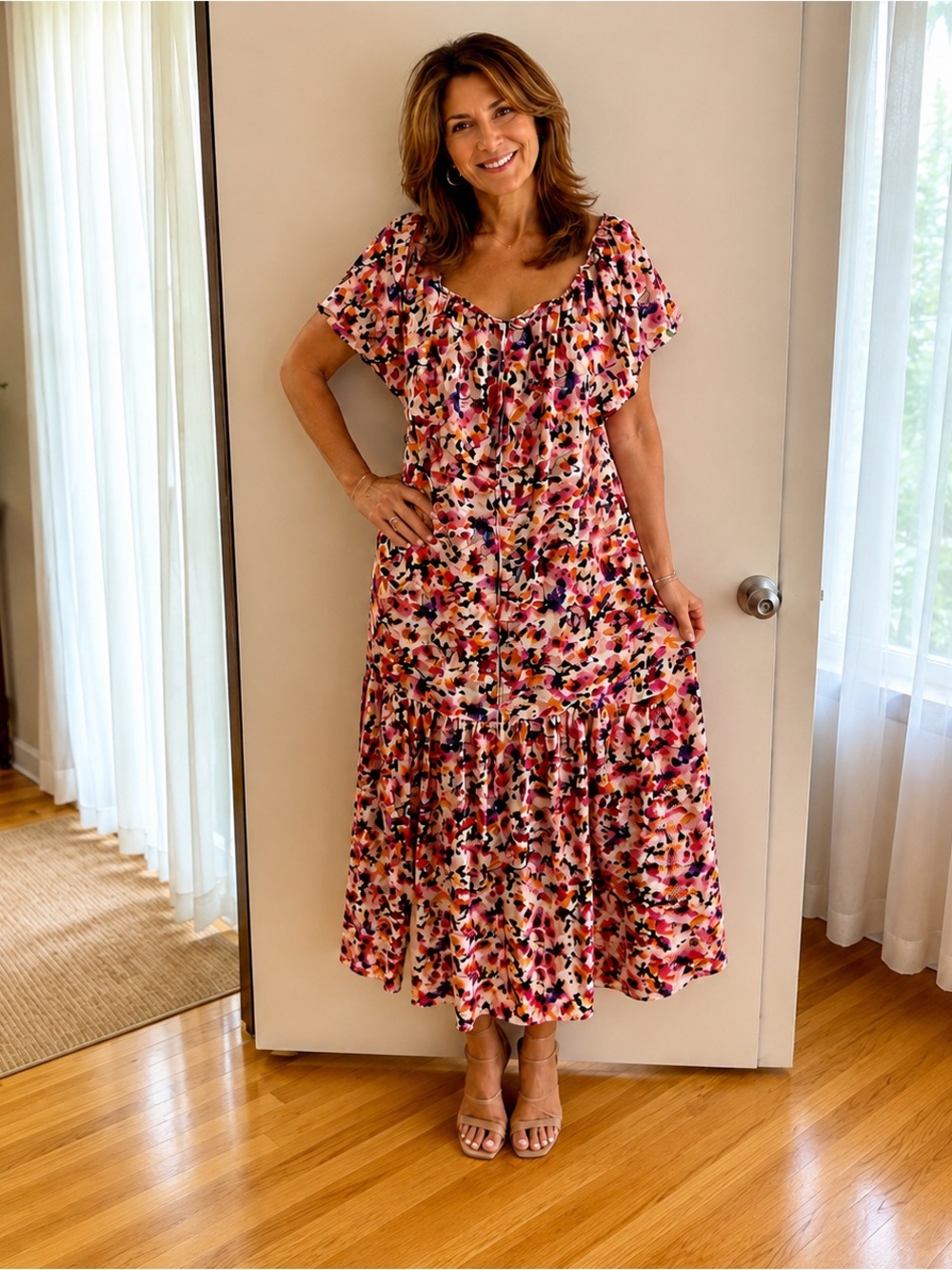 Catherine Malandrino Pink Floral Maxi Dress with Ruffle Hem